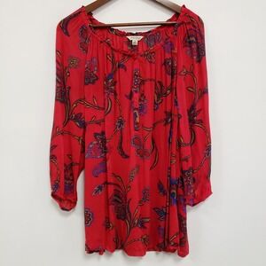 Lucky Brand Womens Bohemian Floral Tunic Top Size 2X Red Scoop Neck Long Sleeve